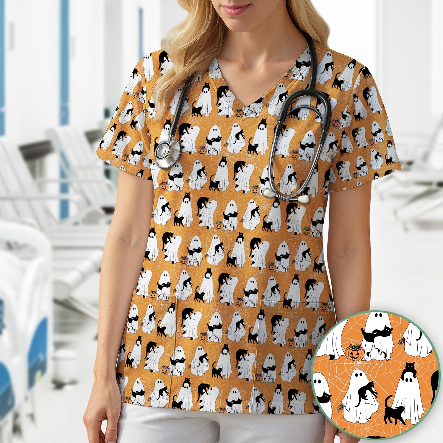 Black Cat and Ghost Print Scrub Top, Comfortable Scrubs for Nurses