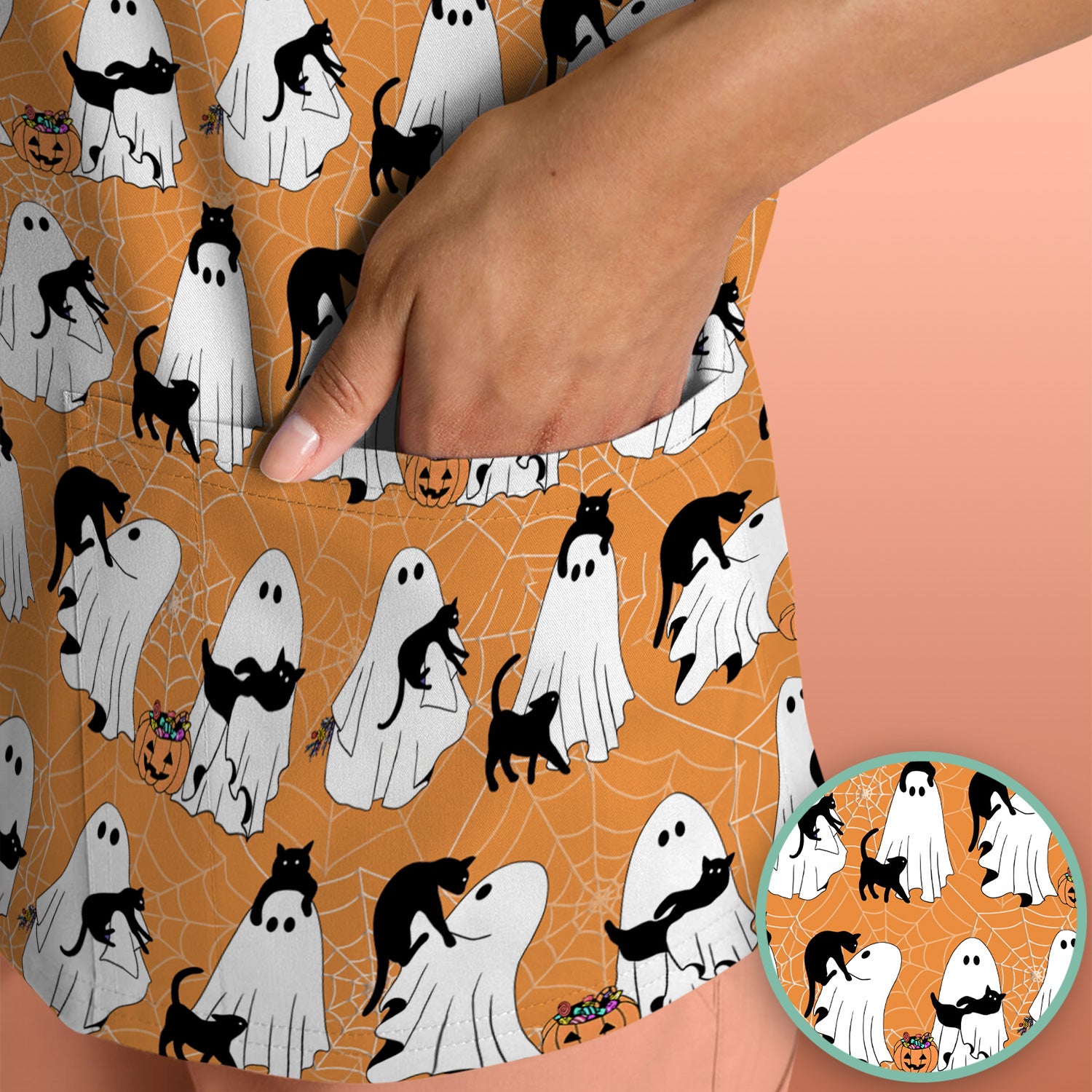Black Cat and Ghost Print Scrub Top, Comfortable Scrubs for Nurses