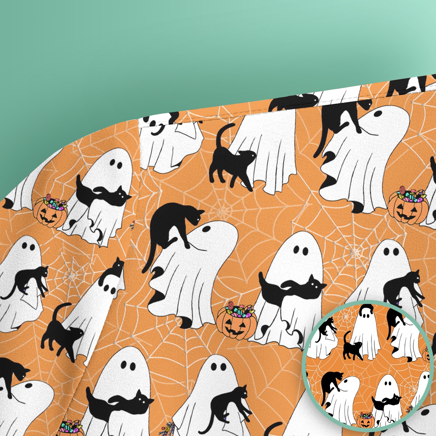Black Cat and Ghost Print Scrub Top, Comfortable Scrubs for Nurses