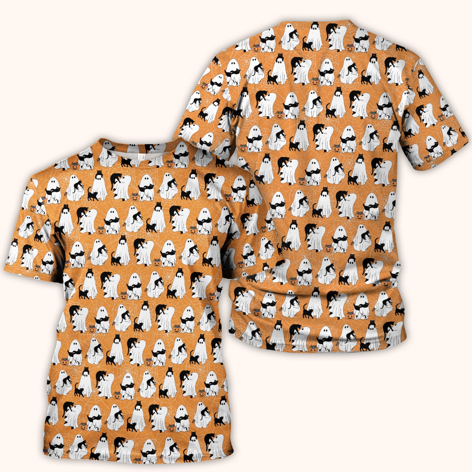 Black Cat and Ghost Print Scrub Top, Comfortable Scrubs for Nurses