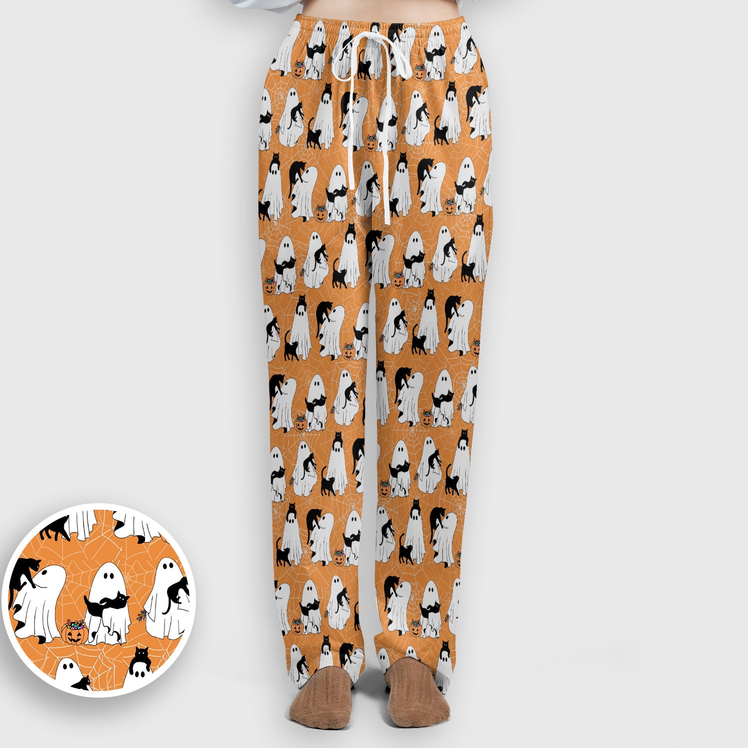 Black Cat and Ghost Print Scrub Set, Scrub Pants and V Neck Top