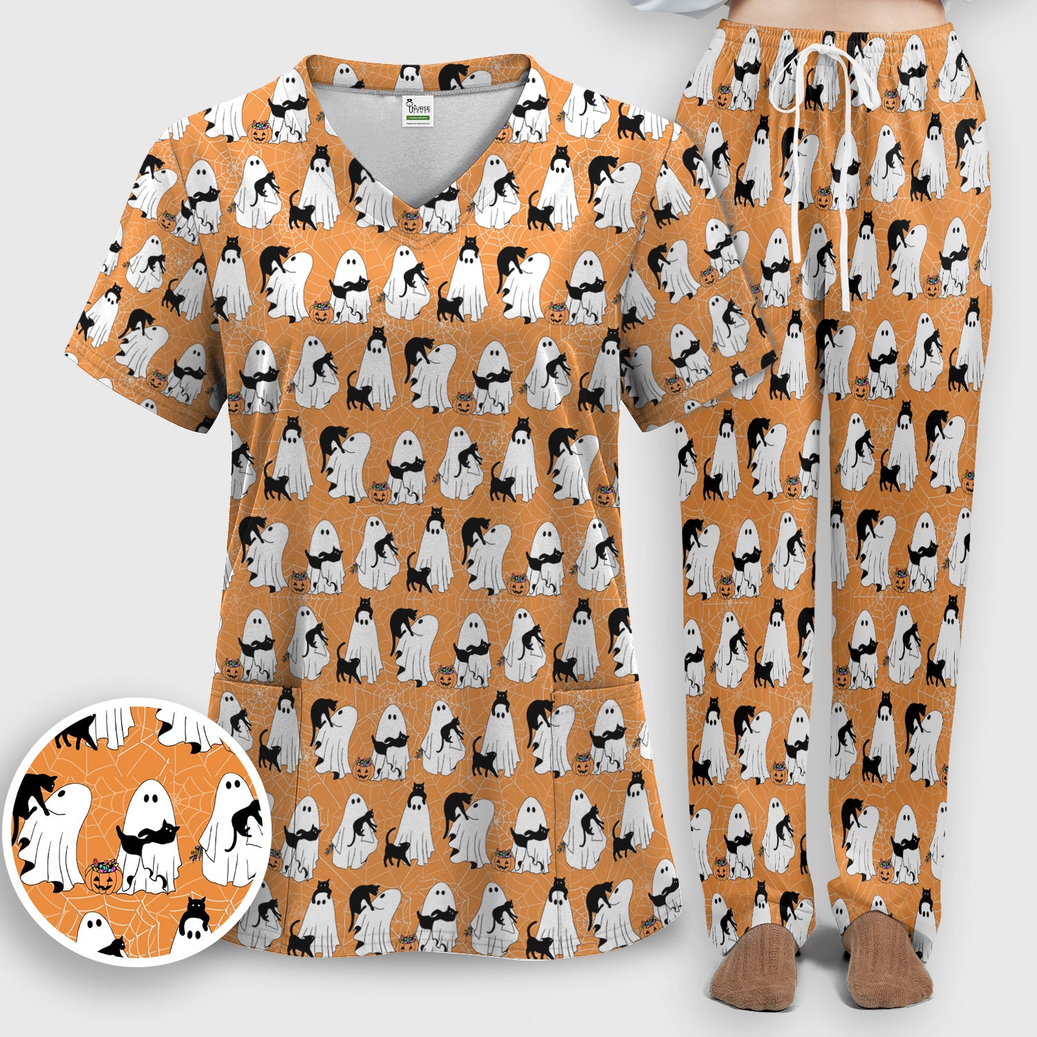 Black Cat and Ghost Print Scrub Set, Scrub Pants and V Neck Top