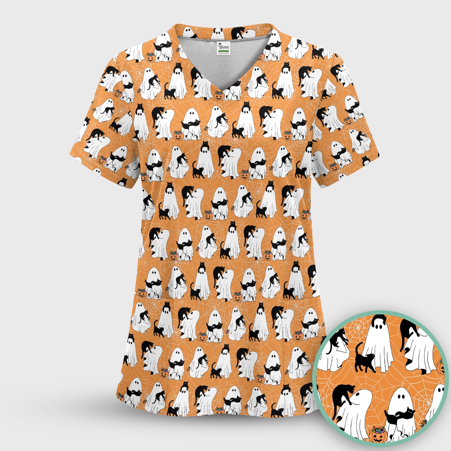 Black Cat and Ghost Print Scrub Top, Comfortable Scrubs for Nurses