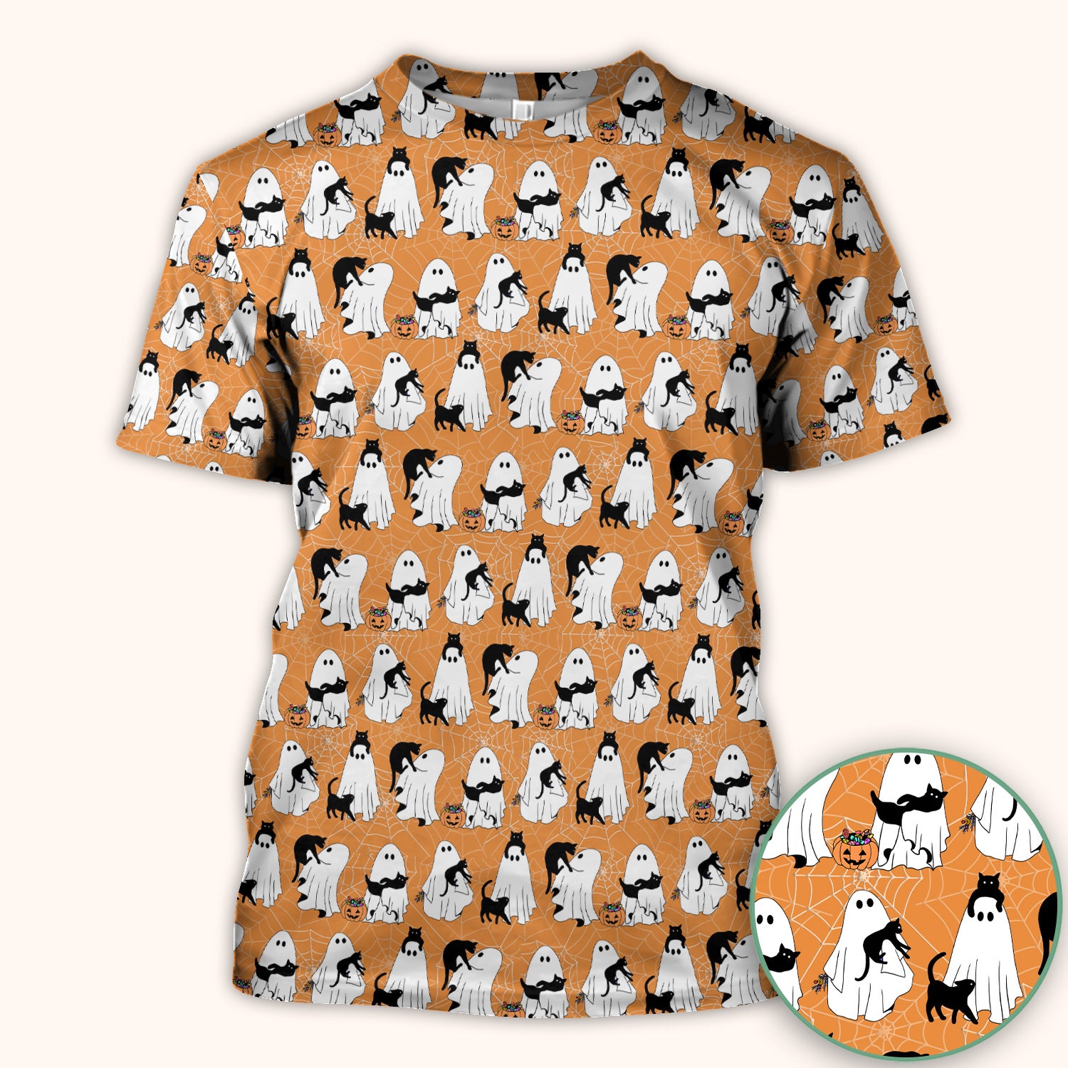 Black Cat and Ghost Print Scrub Top, Comfortable Scrubs for Nurses