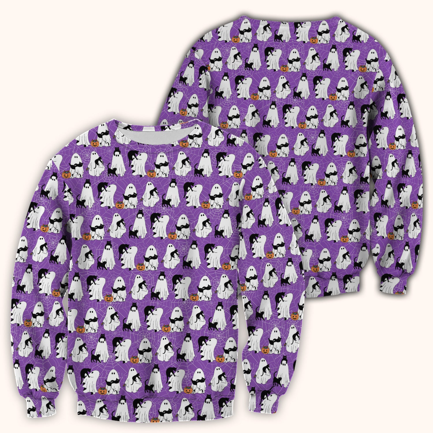 Black Cat and Ghost Print Scrub Top, Comfortable Scrubs for Nurses