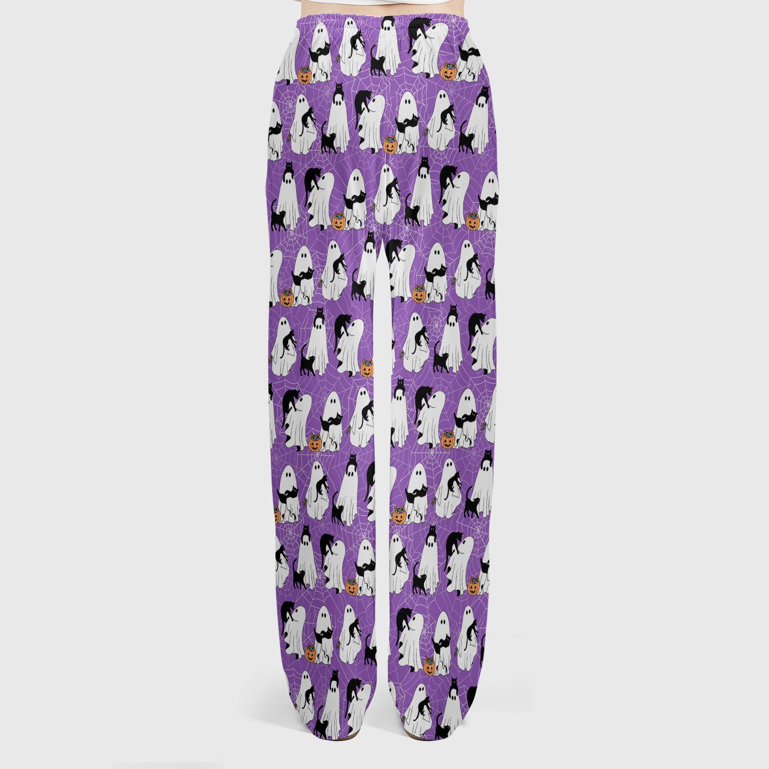 Black Cat and Ghost Print Scrub Set, Scrub Pants and V Neck Top