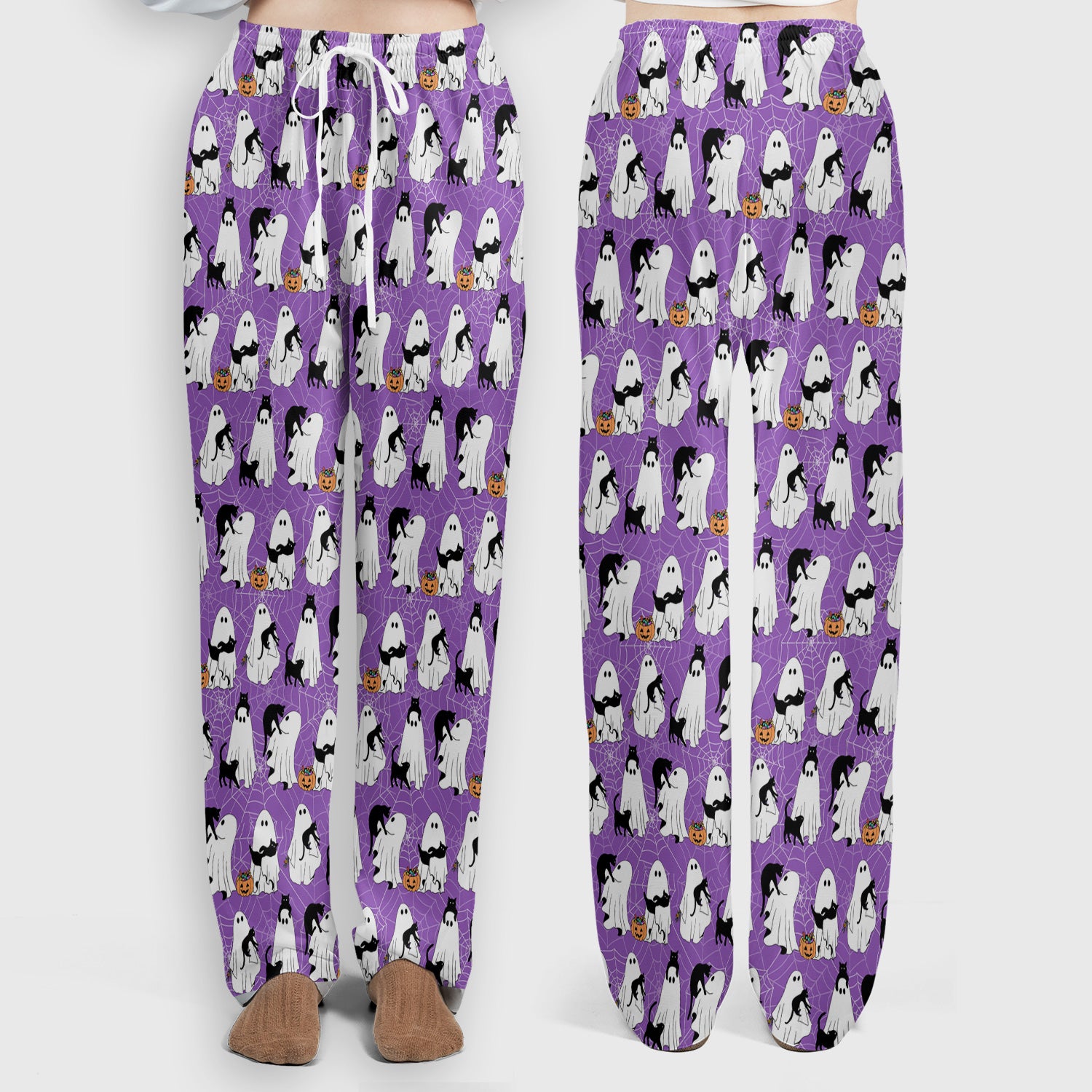 Black Cat and Ghost Print Scrub Set, Scrub Pants and V Neck Top