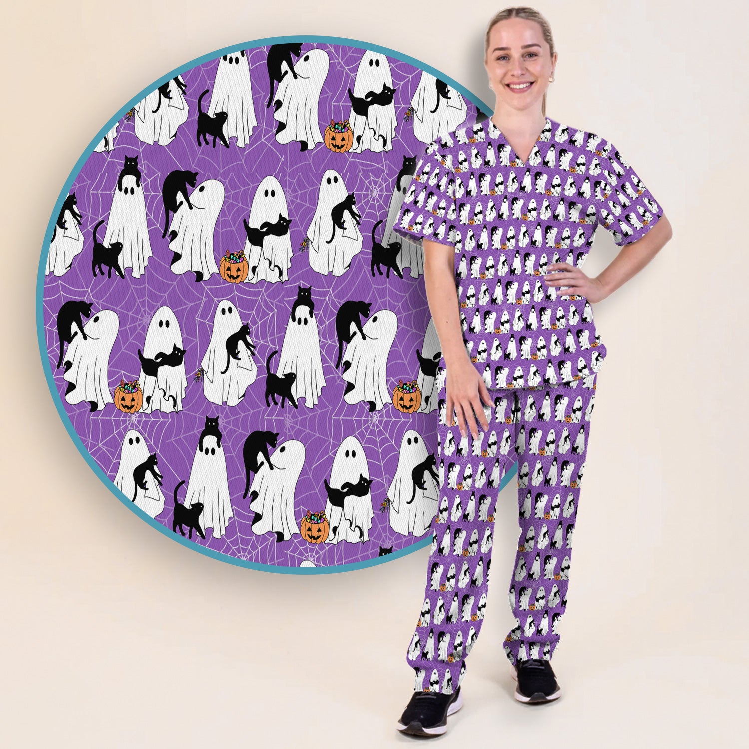 Black Cat and Ghost Print Scrub Set, Scrub Pants and V Neck Top
