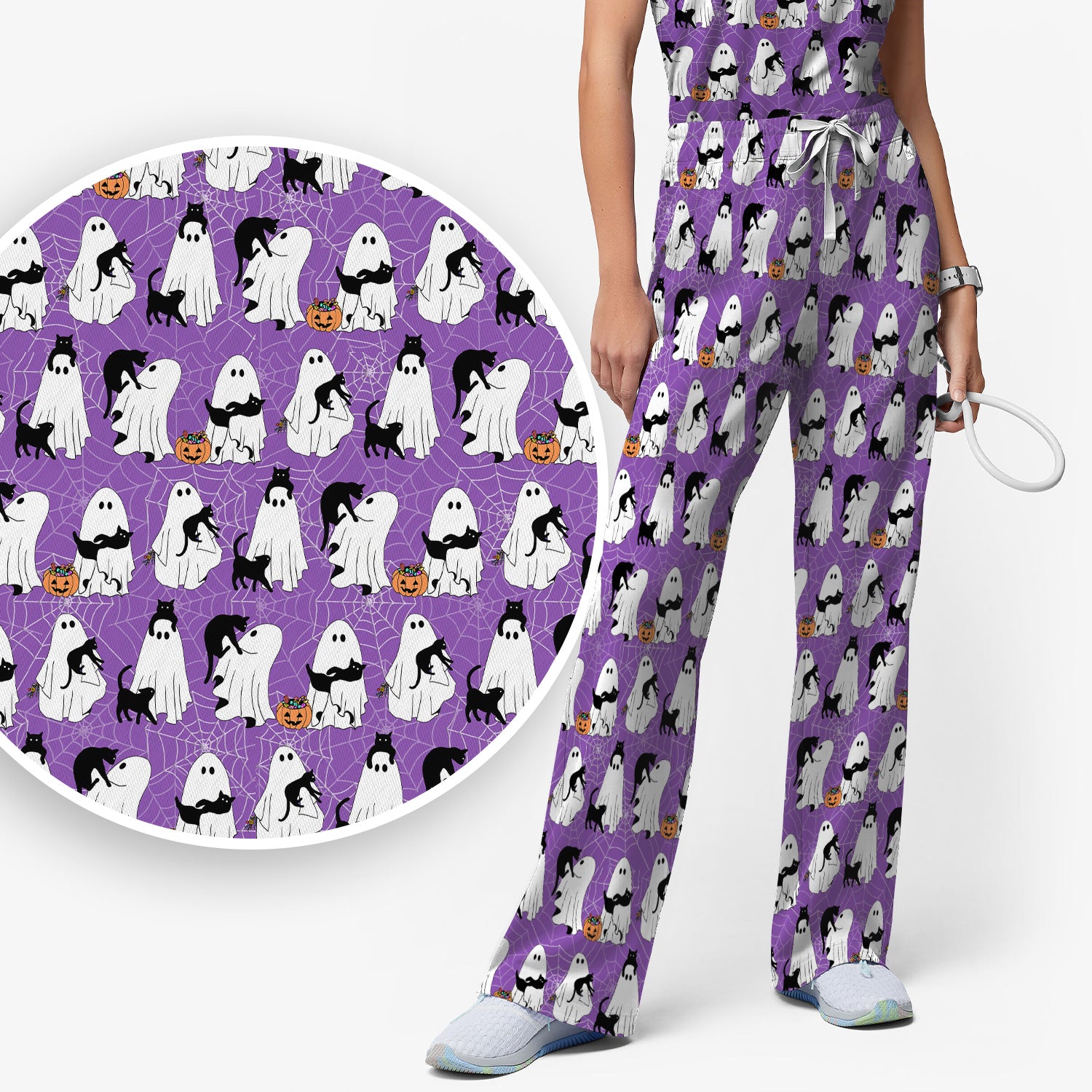 Black Cat and Ghost Print Scrub Set, Scrub Pants and V Neck Top