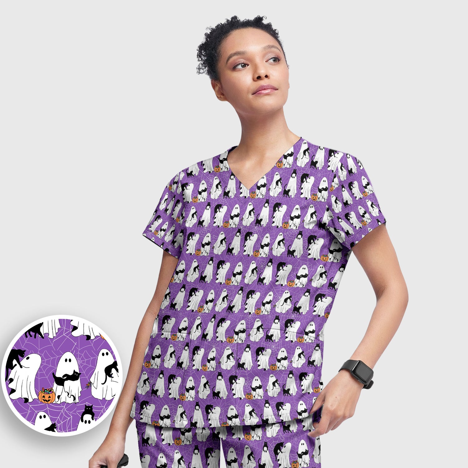 Black Cat and Ghost Print Scrub Set, Scrub Pants and V Neck Top