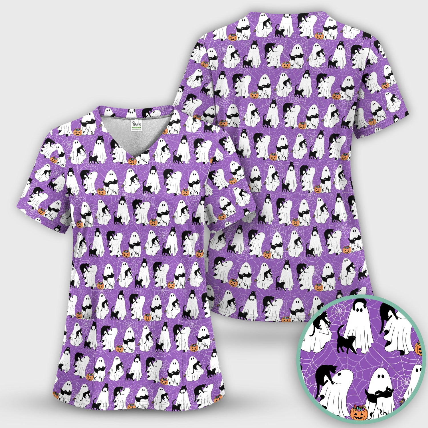 Black Cat and Ghost Print Scrub Top, Comfortable Scrubs for Nurses