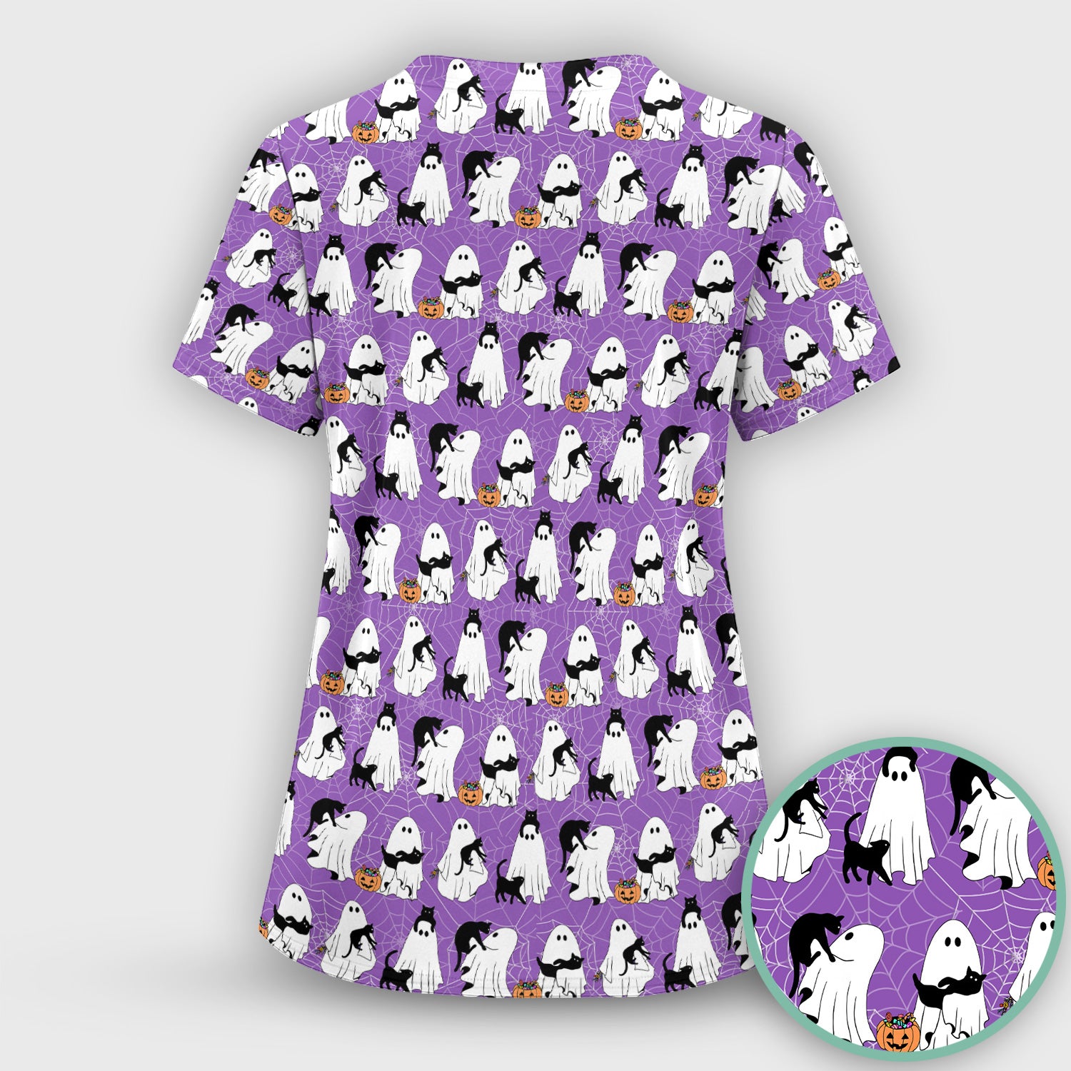 Black Cat and Ghost Print Scrub Top, Comfortable Scrubs for Nurses