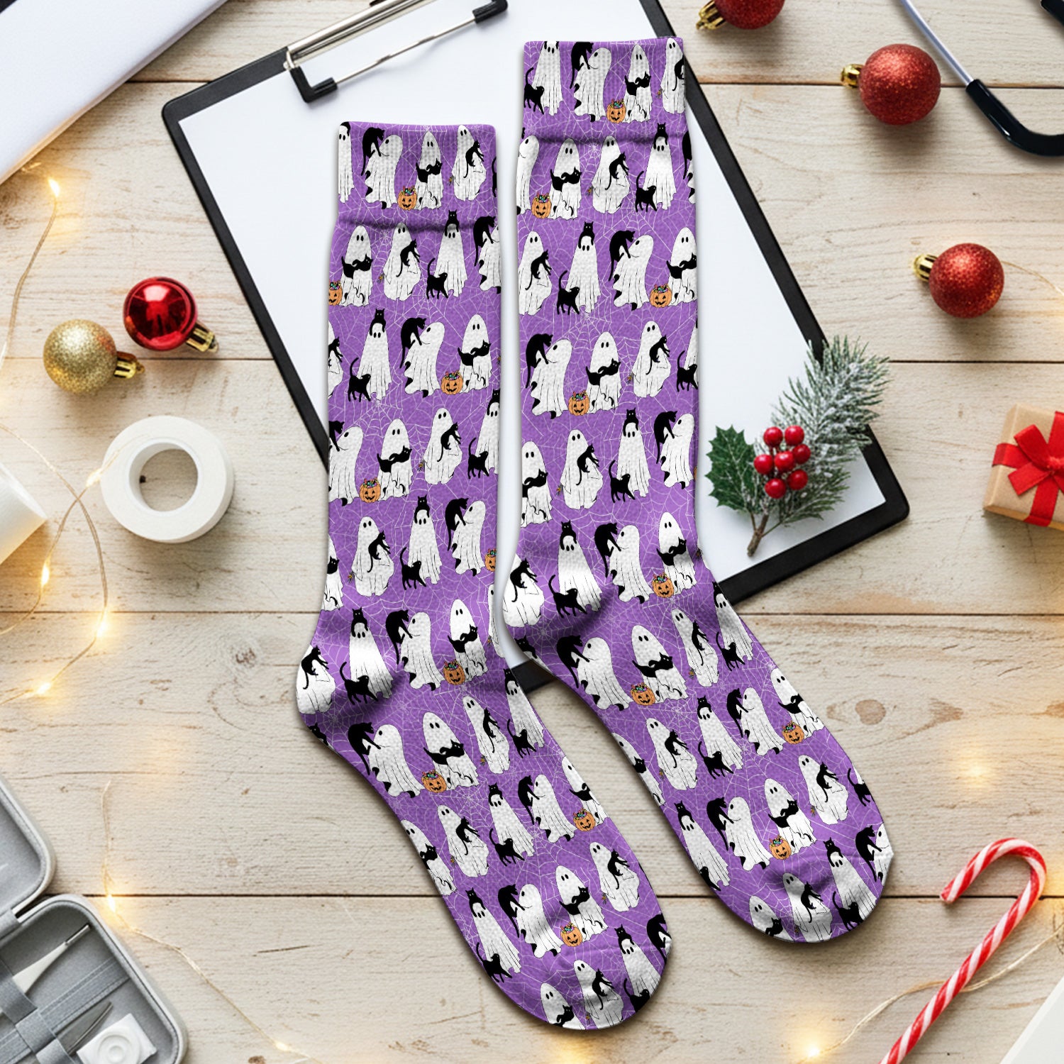 Black Cat and Ghost Print Socks, Adult Socks for Men and Women