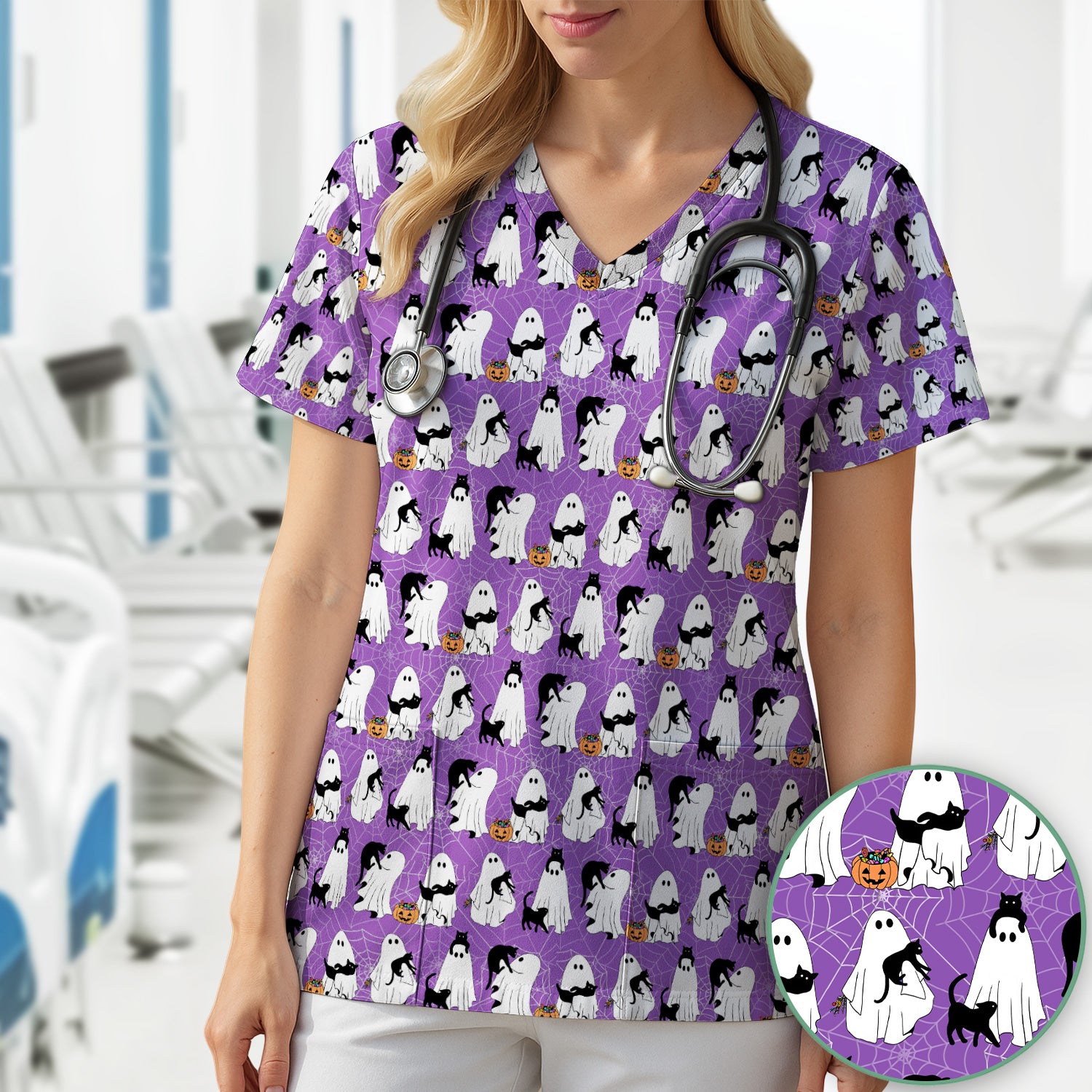 Black Cat and Ghost Print Scrub Top, Comfortable Scrubs for Nurses