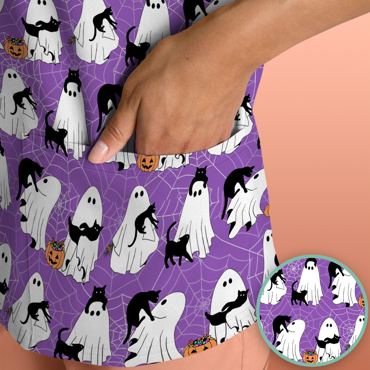 Black Cat and Ghost Print Scrub Top, Comfortable Scrubs for Nurses