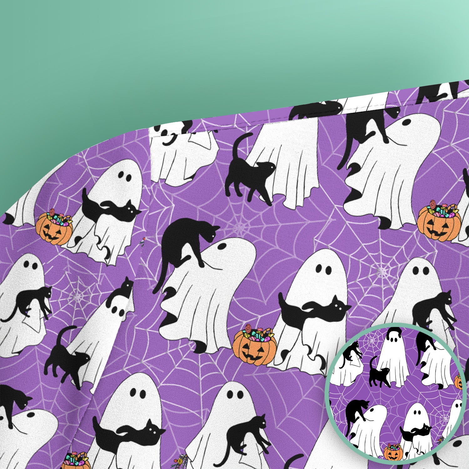 Black Cat and Ghost Print Scrub Top, Comfortable Scrubs for Nurses