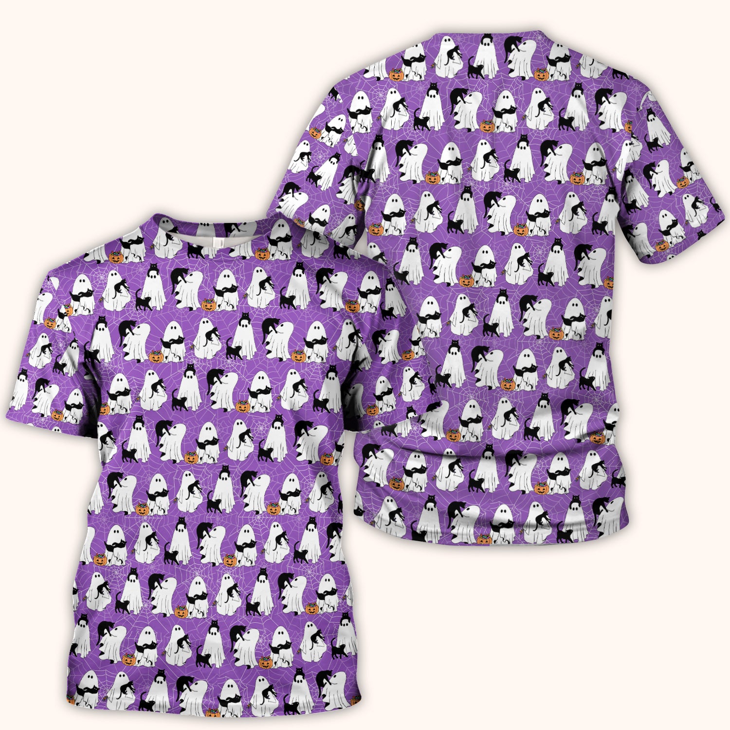 Black Cat and Ghost Print Scrub Top, Comfortable Scrubs for Nurses