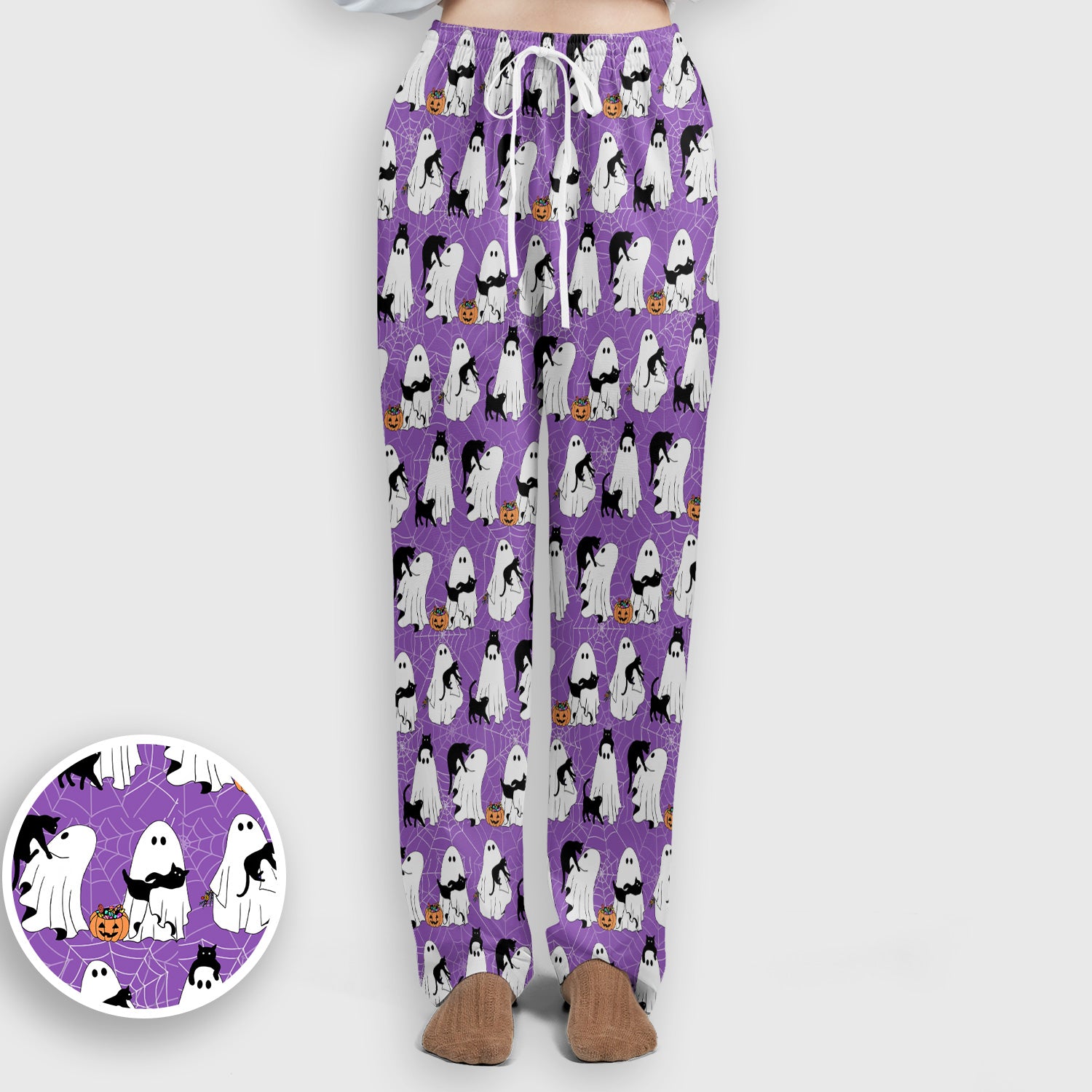 Black Cat and Ghost Print Scrub Set, Scrub Pants and V Neck Top