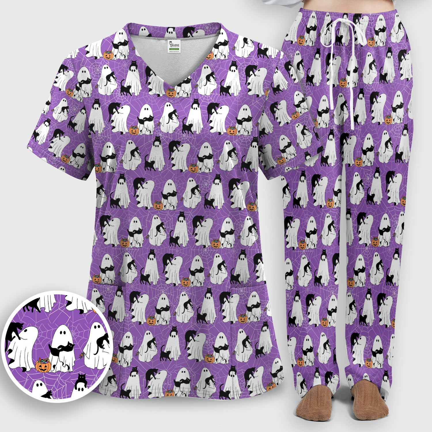 Black Cat and Ghost Print Scrub Set, Scrub Pants and V Neck Top