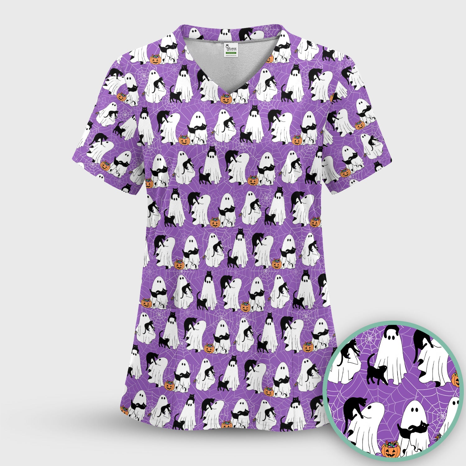 Black Cat and Ghost Print Scrub Top, Comfortable Scrubs for Nurses