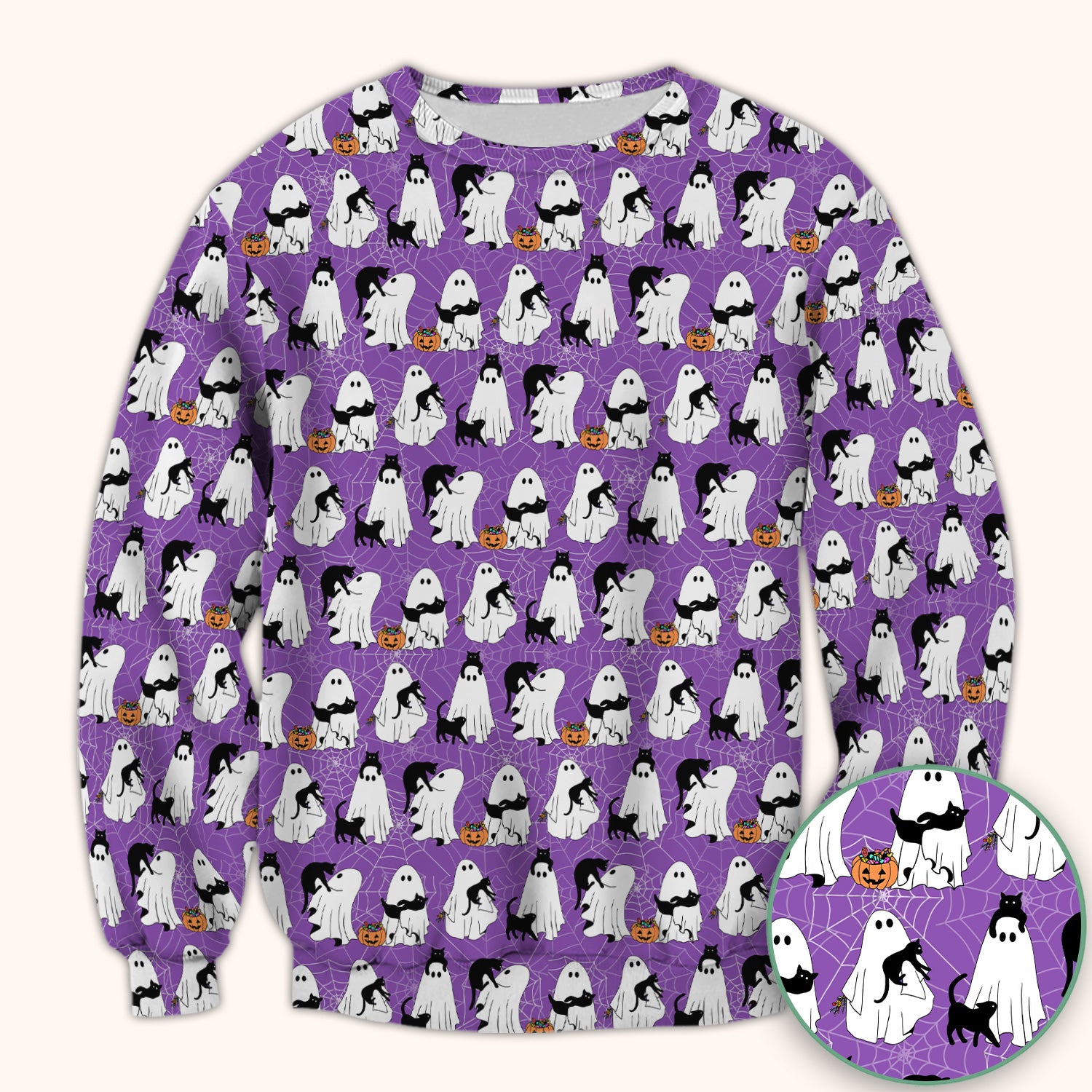 Black Cat and Ghost Print Scrub Top, Comfortable Scrubs for Nurses