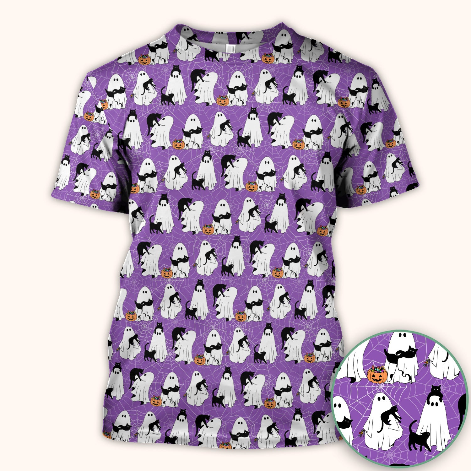 Black Cat and Ghost Print Scrub Top, Comfortable Scrubs for Nurses