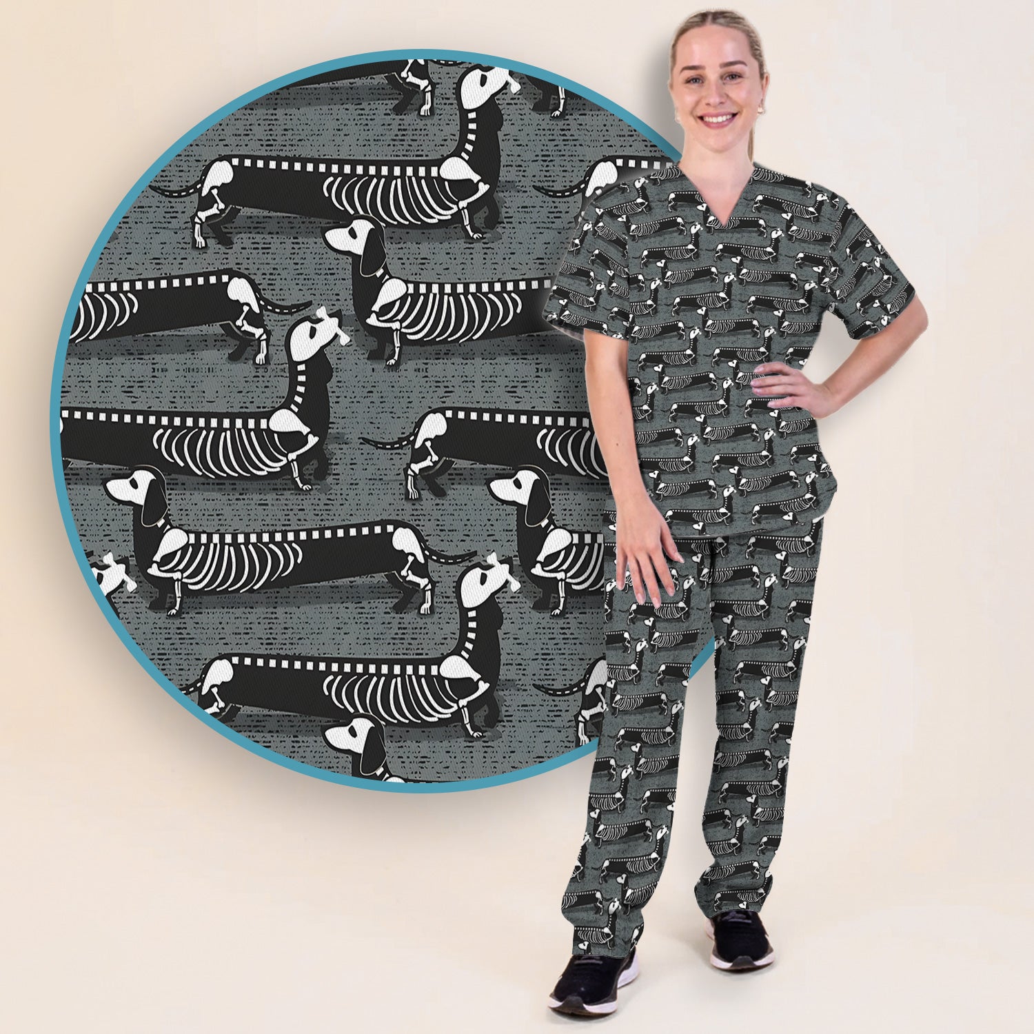X-Ray Dachshund Skeleton Scrub Set, Scrub Pants and V Neck Top
