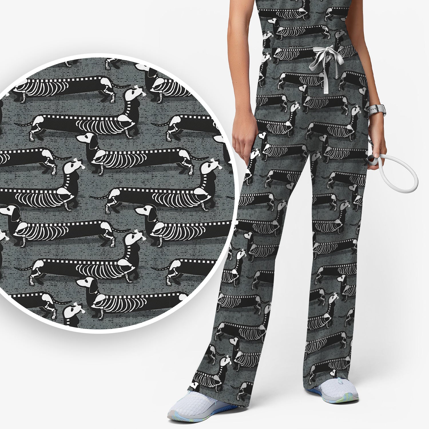 X-Ray Dachshund Skeleton Scrub Set, Scrub Pants and V Neck Top