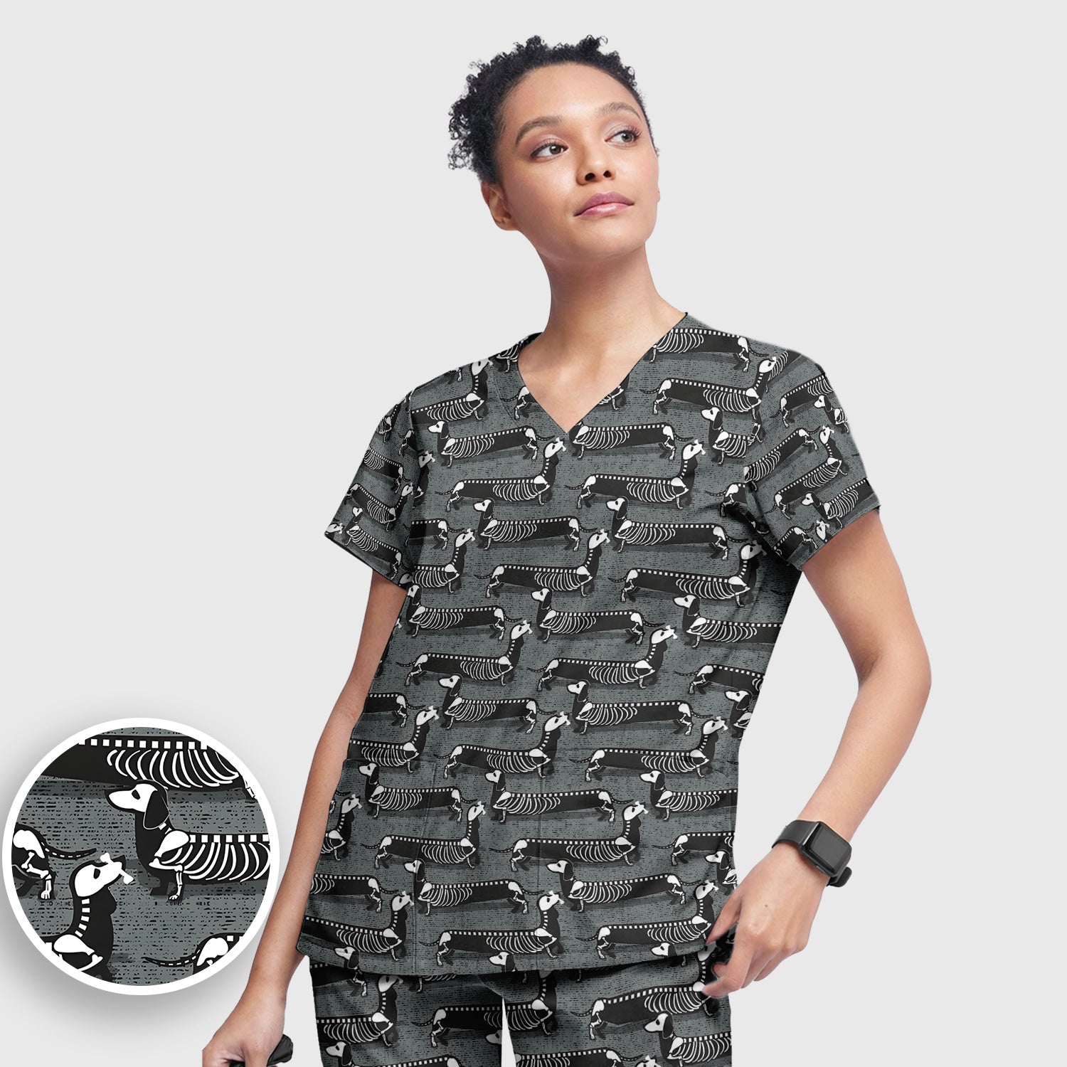 X-Ray Dachshund Skeleton Scrub Set, Scrub Pants and V Neck Top