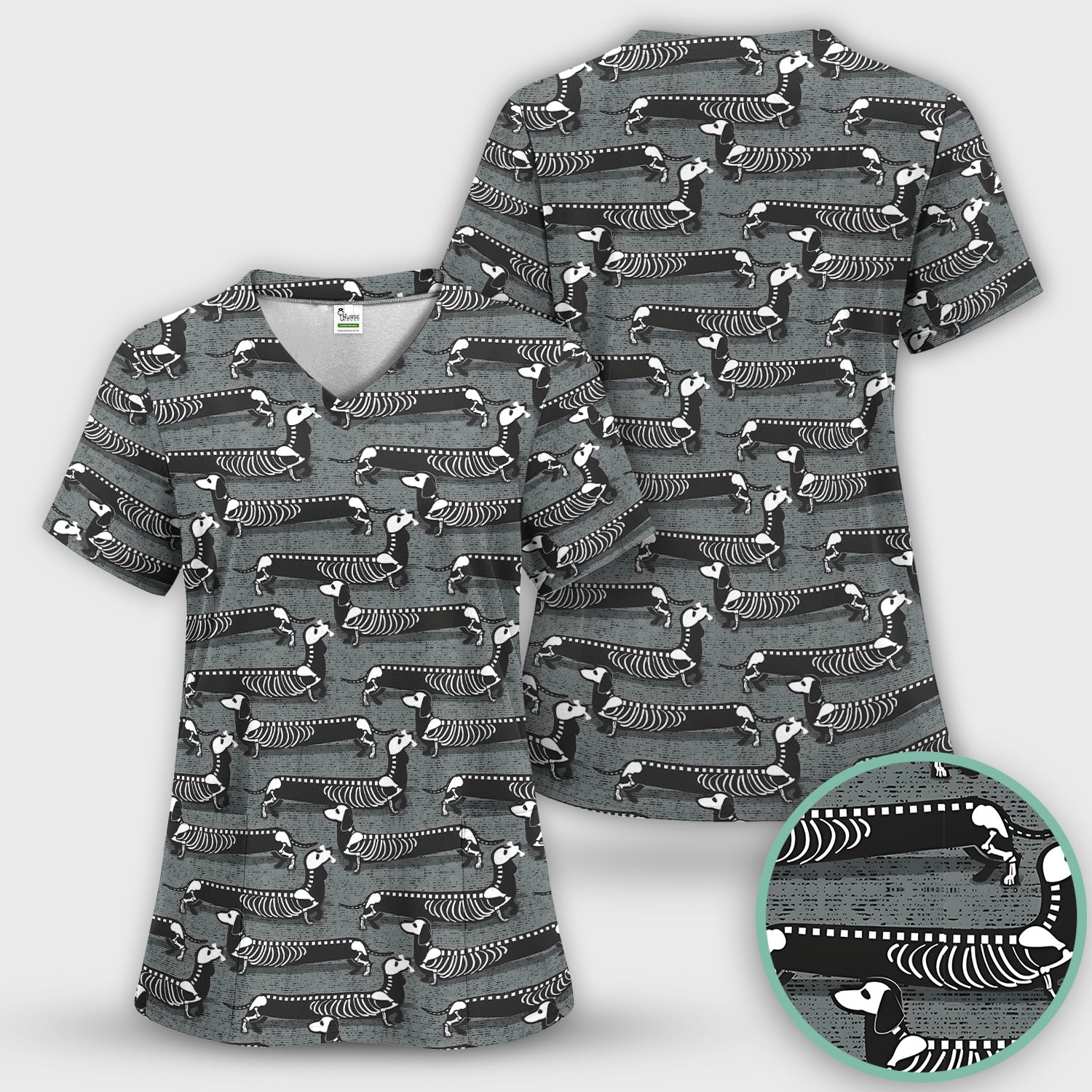X-Ray Dachshund Skeleton Scrub Top, Comfortable Scrubs for Nurses