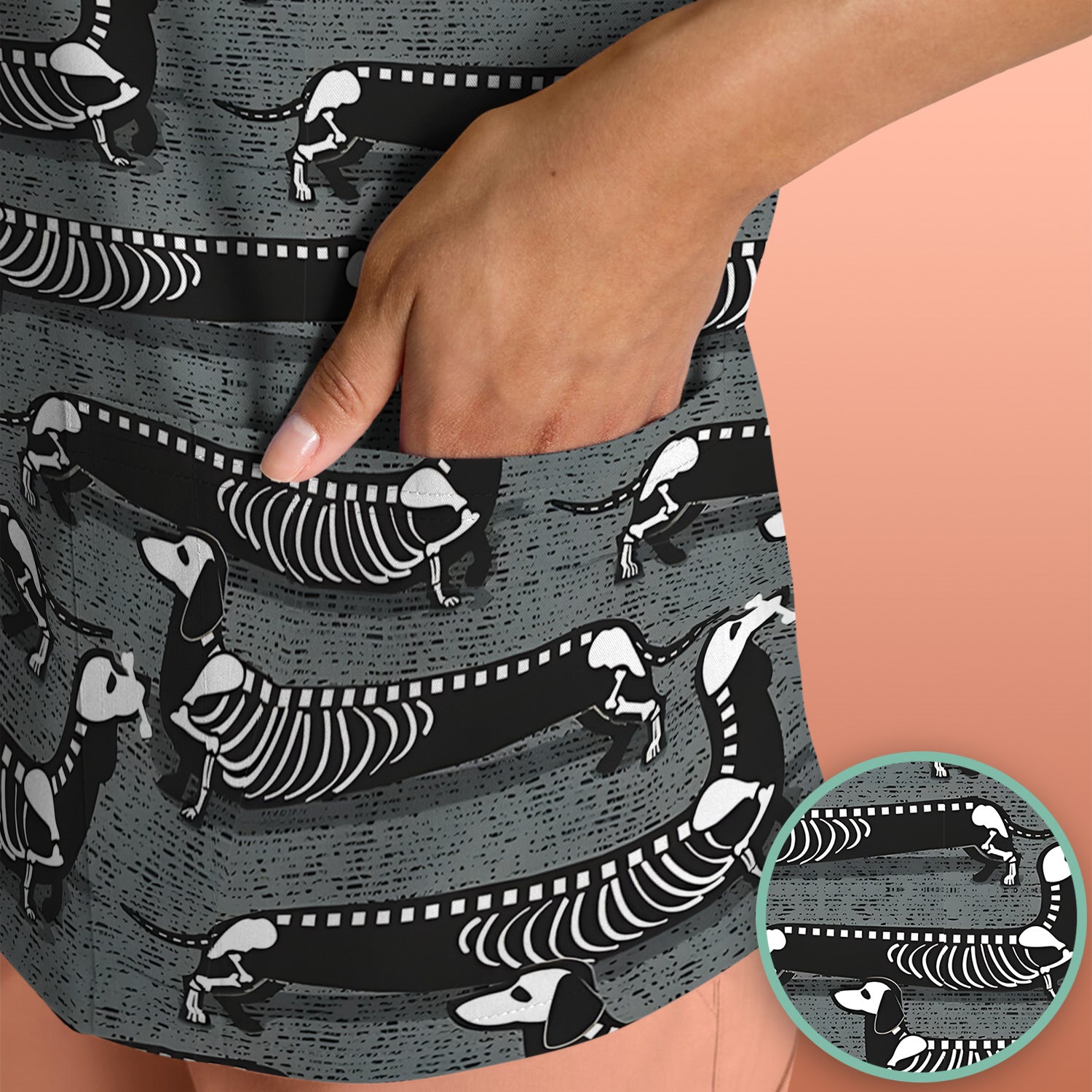 X-Ray Dachshund Skeleton Scrub Top, Comfortable Scrubs for Nurses
