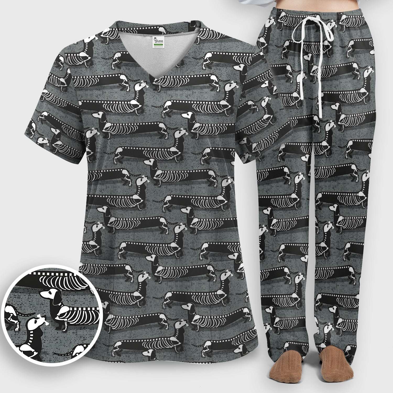 X-Ray Dachshund Skeleton Scrub Set, Scrub Pants and V Neck Top