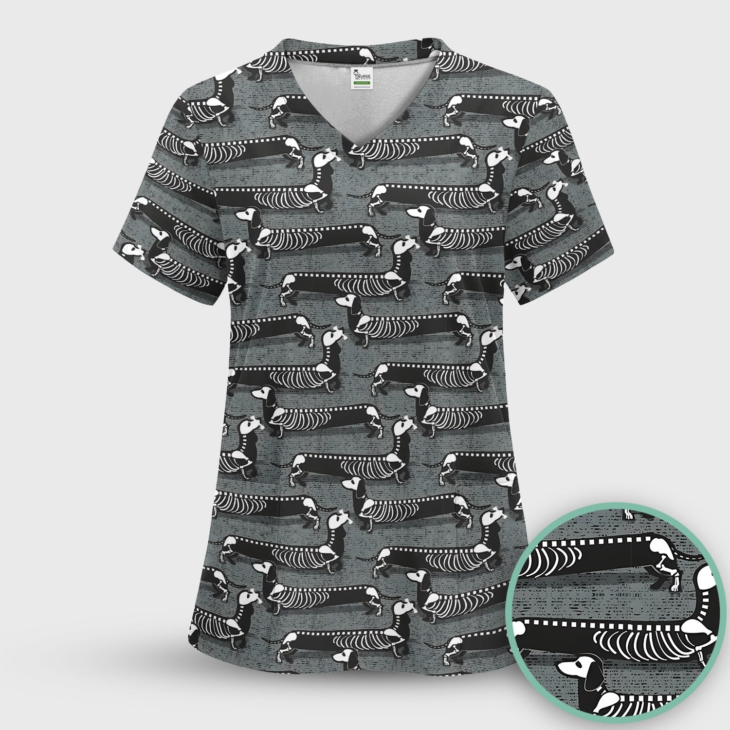 X-Ray Dachshund Skeleton Scrub Top, Comfortable Scrubs for Nurses