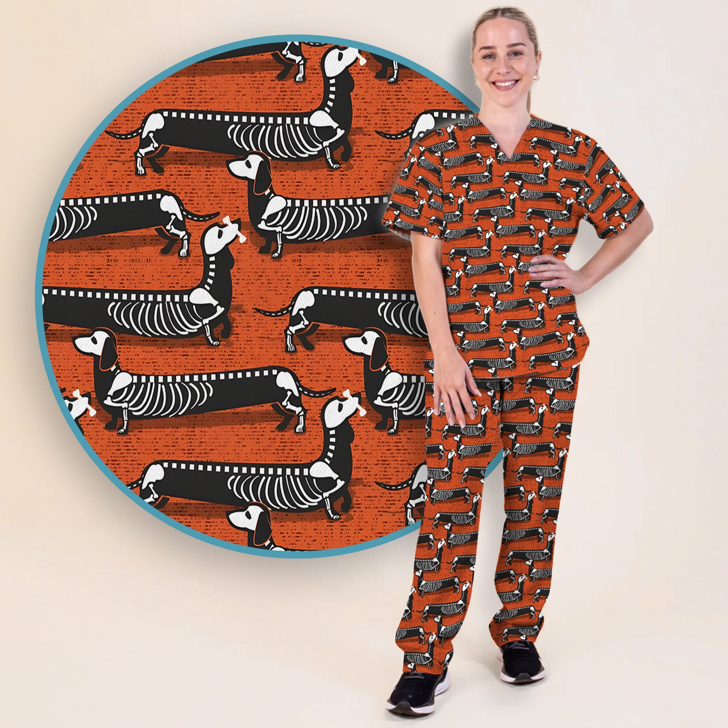 X-Ray Dachshund Skeleton Scrub Set, Scrub Pants and V Neck Top