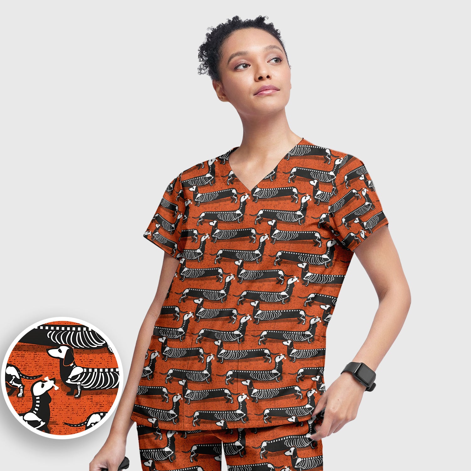 X-Ray Dachshund Skeleton Scrub Set, Scrub Pants and V Neck Top