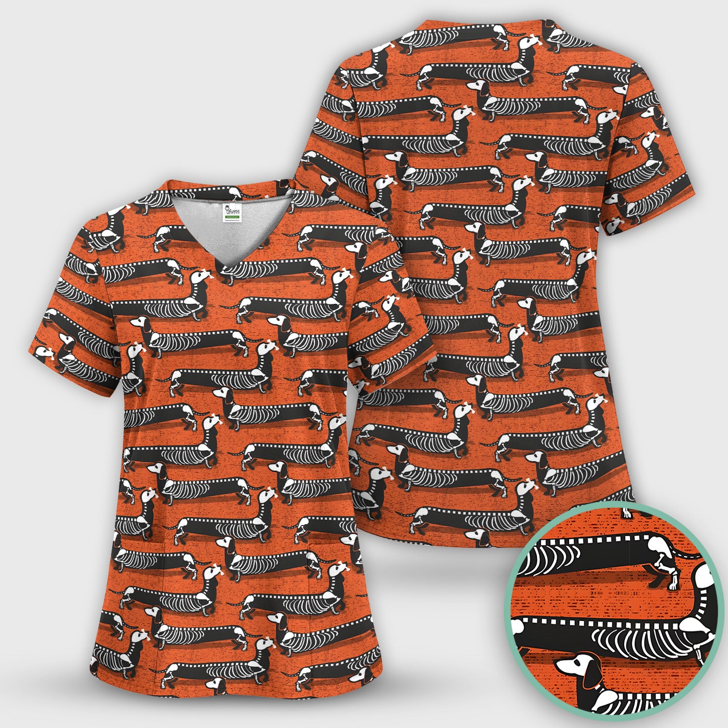 X-Ray Dachshund Skeleton Scrub Top, Comfortable Scrubs for Nurses