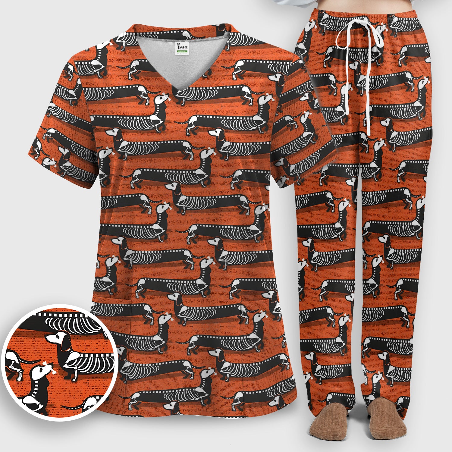 X-Ray Dachshund Skeleton Scrub Set, Scrub Pants and V Neck Top