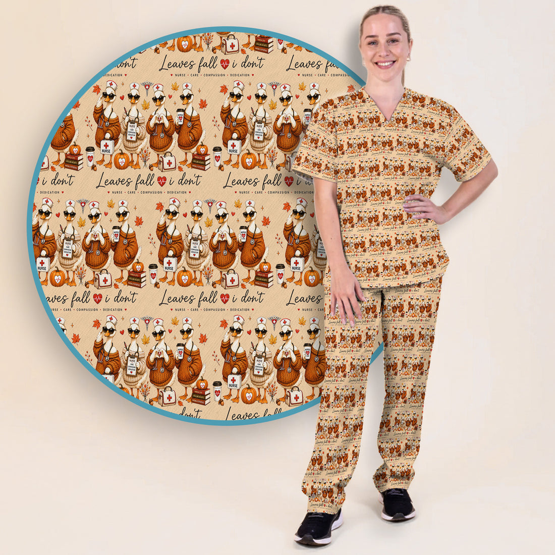 Funny Leaves Fall I Don't Nurse Goose Scrub Set, Scrub Pants and V Neck Top