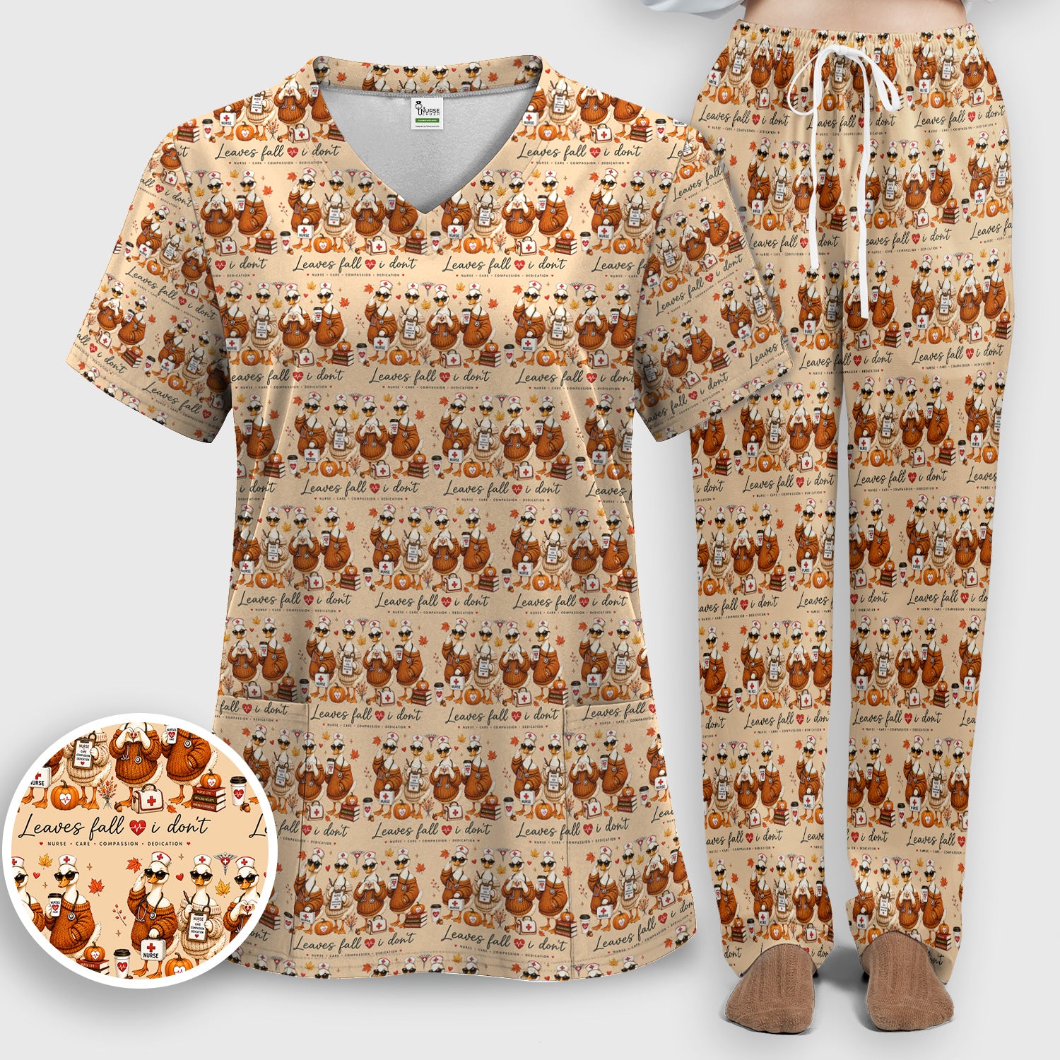 Funny Leaves Fall I Don't Nurse Goose Scrub Set, Scrub Pants and V Neck Top