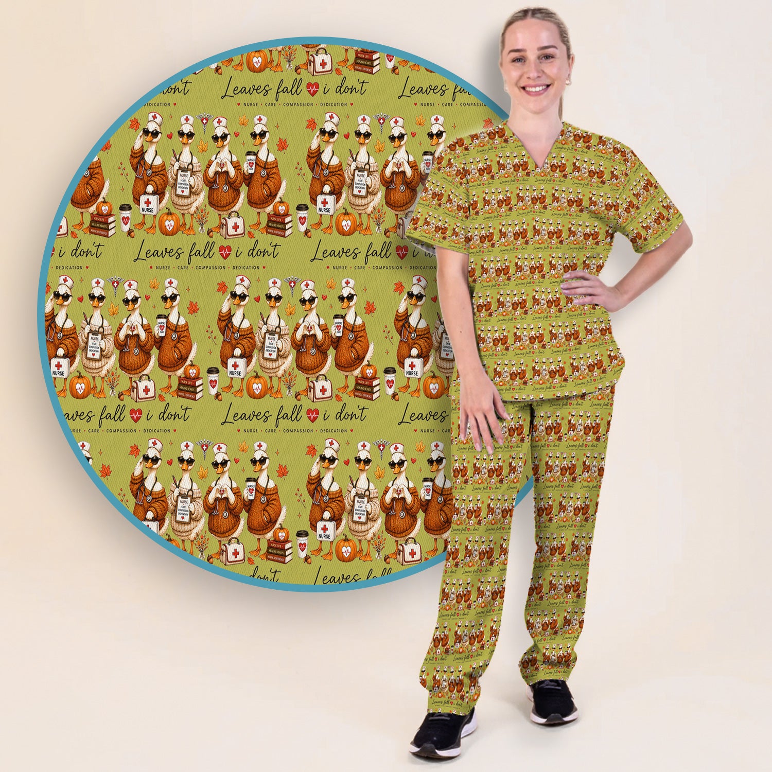 Funny Leaves Fall I Don't Nurse Goose Scrub Set, Scrub Pants and V Neck Top