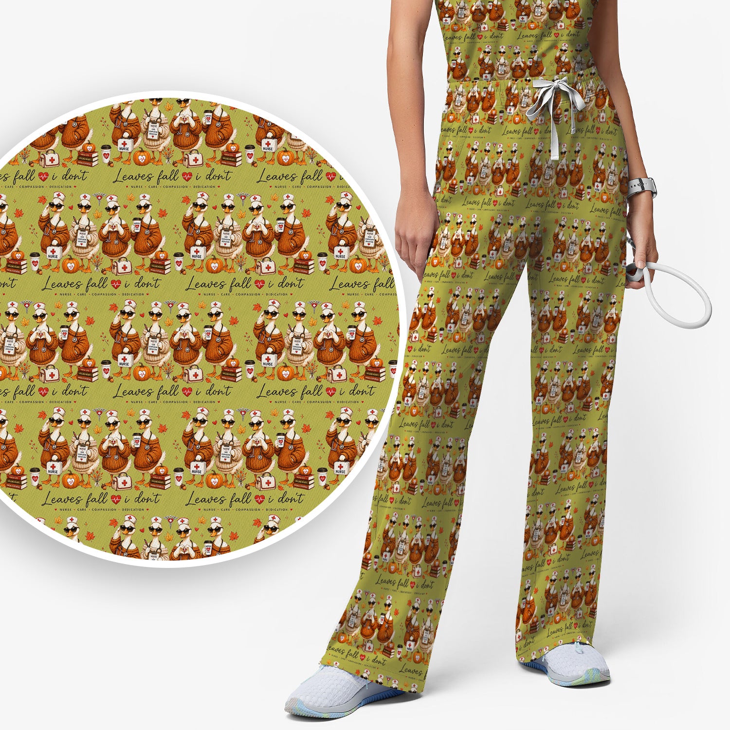 Funny Leaves Fall I Don't Nurse Goose Scrub Set, Scrub Pants and V Neck Top