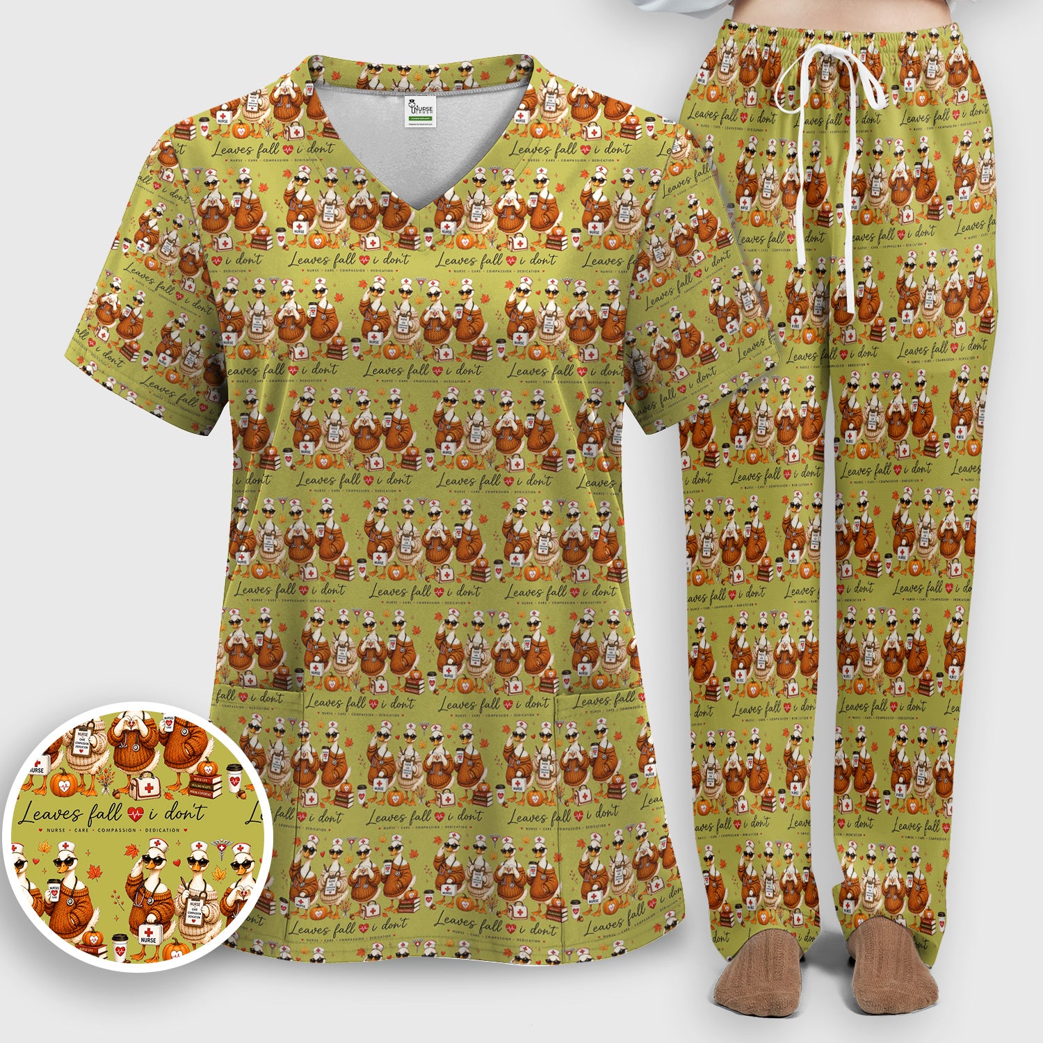 Funny Leaves Fall I Don't Nurse Goose Scrub Set, Scrub Pants and V Neck Top