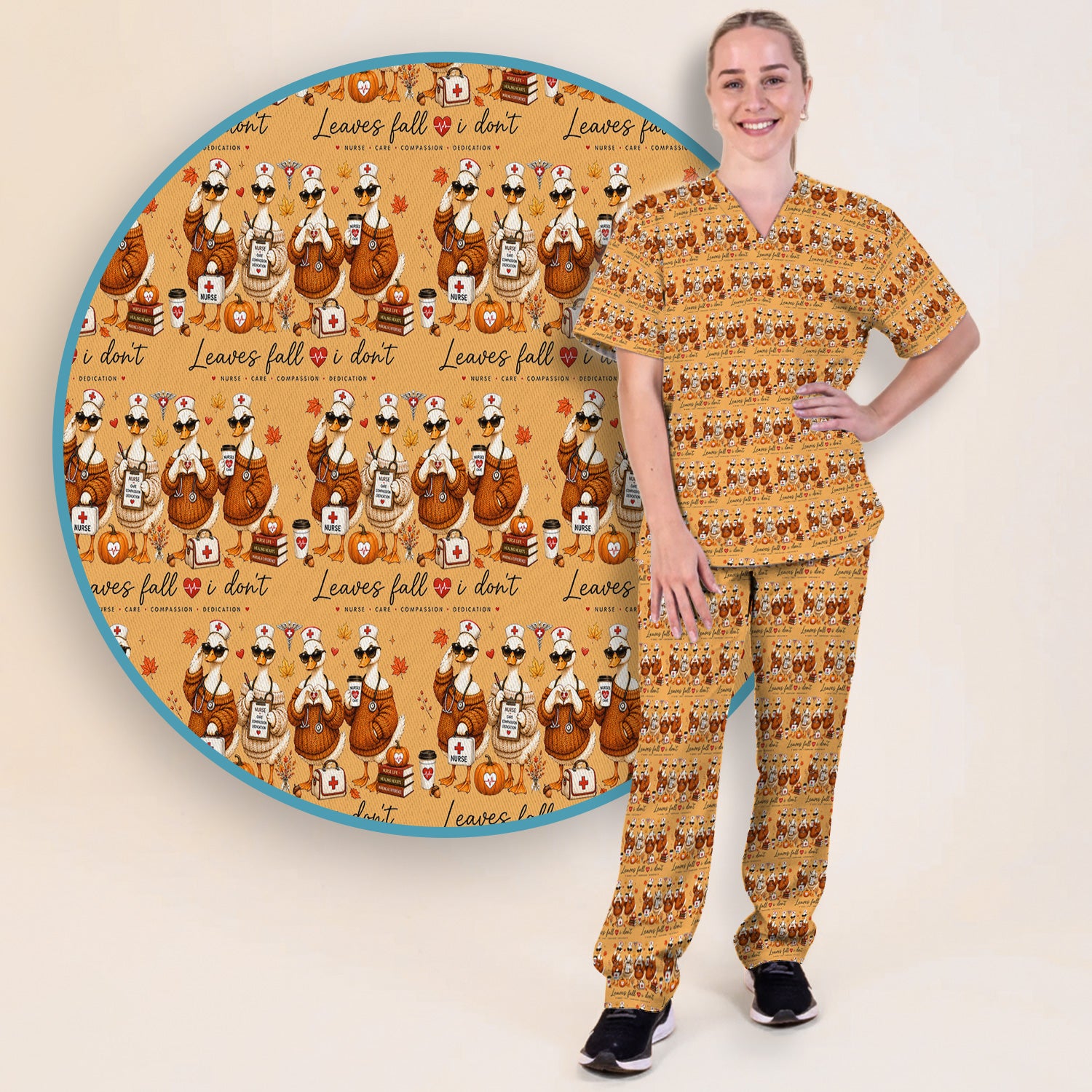 Funny Leaves Fall I Don't Nurse Goose Scrub Set, Scrub Pants and V Neck Top