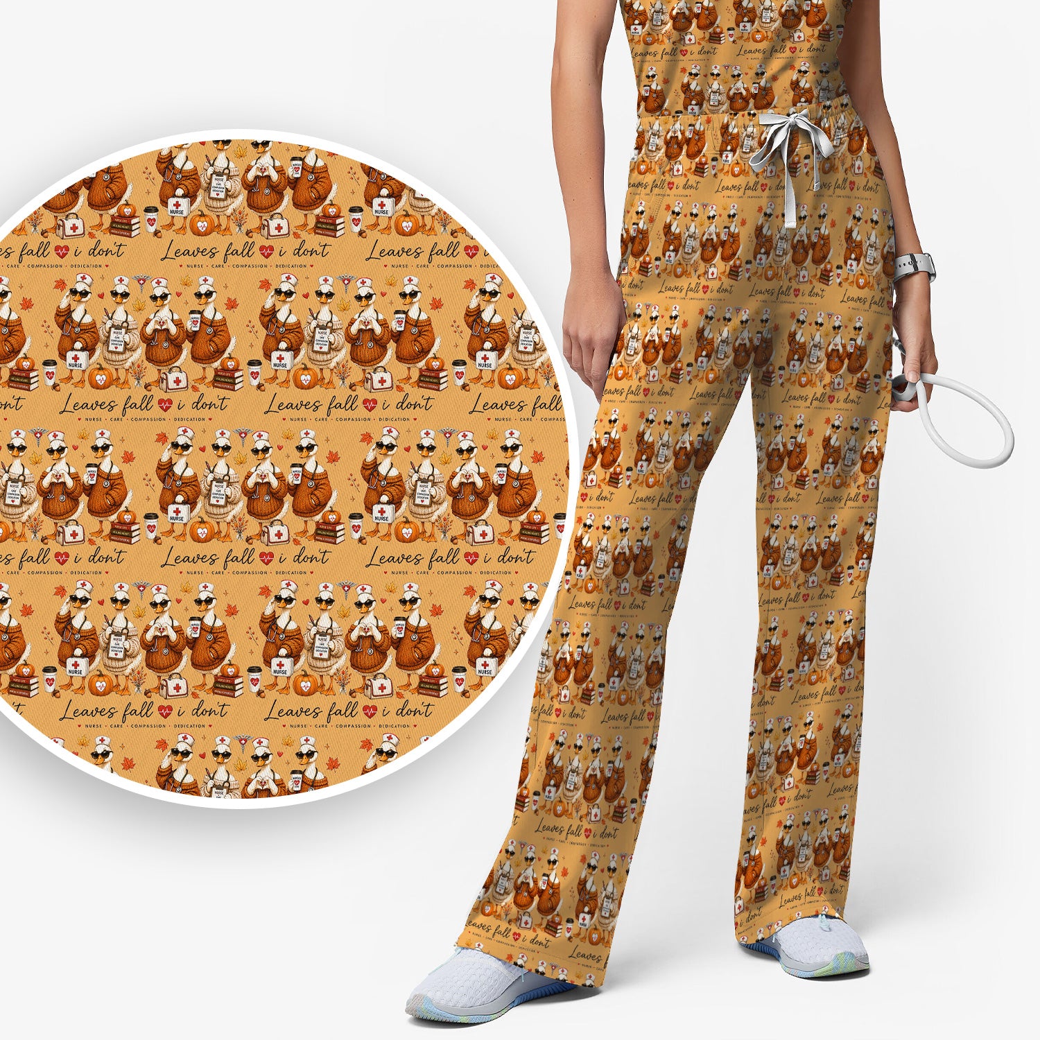 Funny Leaves Fall I Don't Nurse Goose Scrub Set, Scrub Pants and V Neck Top
