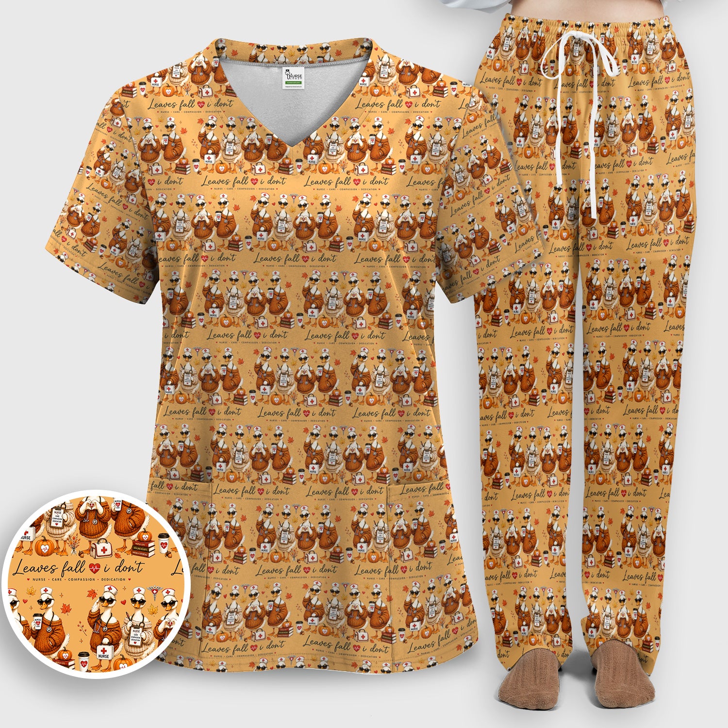 Funny Leaves Fall I Don't Nurse Goose Scrub Set, Scrub Pants and V Neck Top