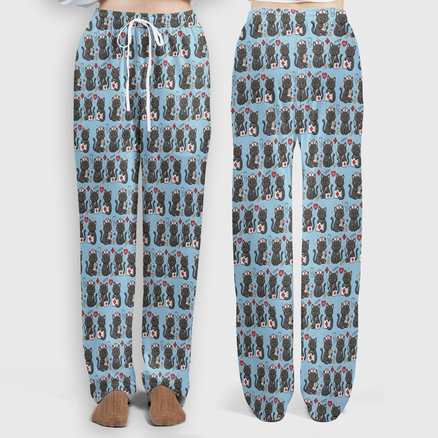 Black Cat Nurse Medical Icons Scrub Set, Scrub Pants and V Neck Top