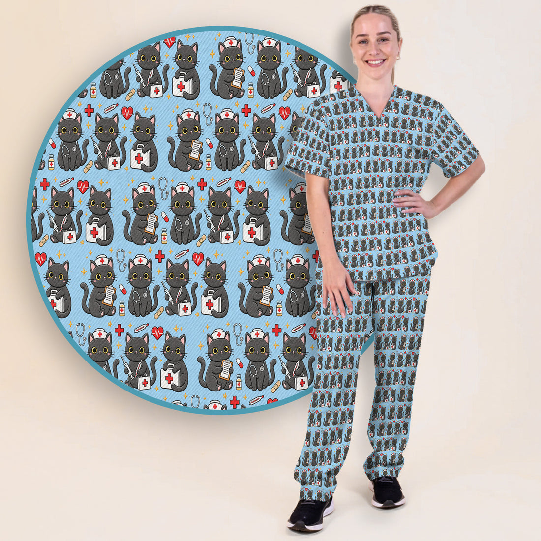 Black Cat Nurse Medical Icons Scrub Set, Scrub Pants and V Neck Top
