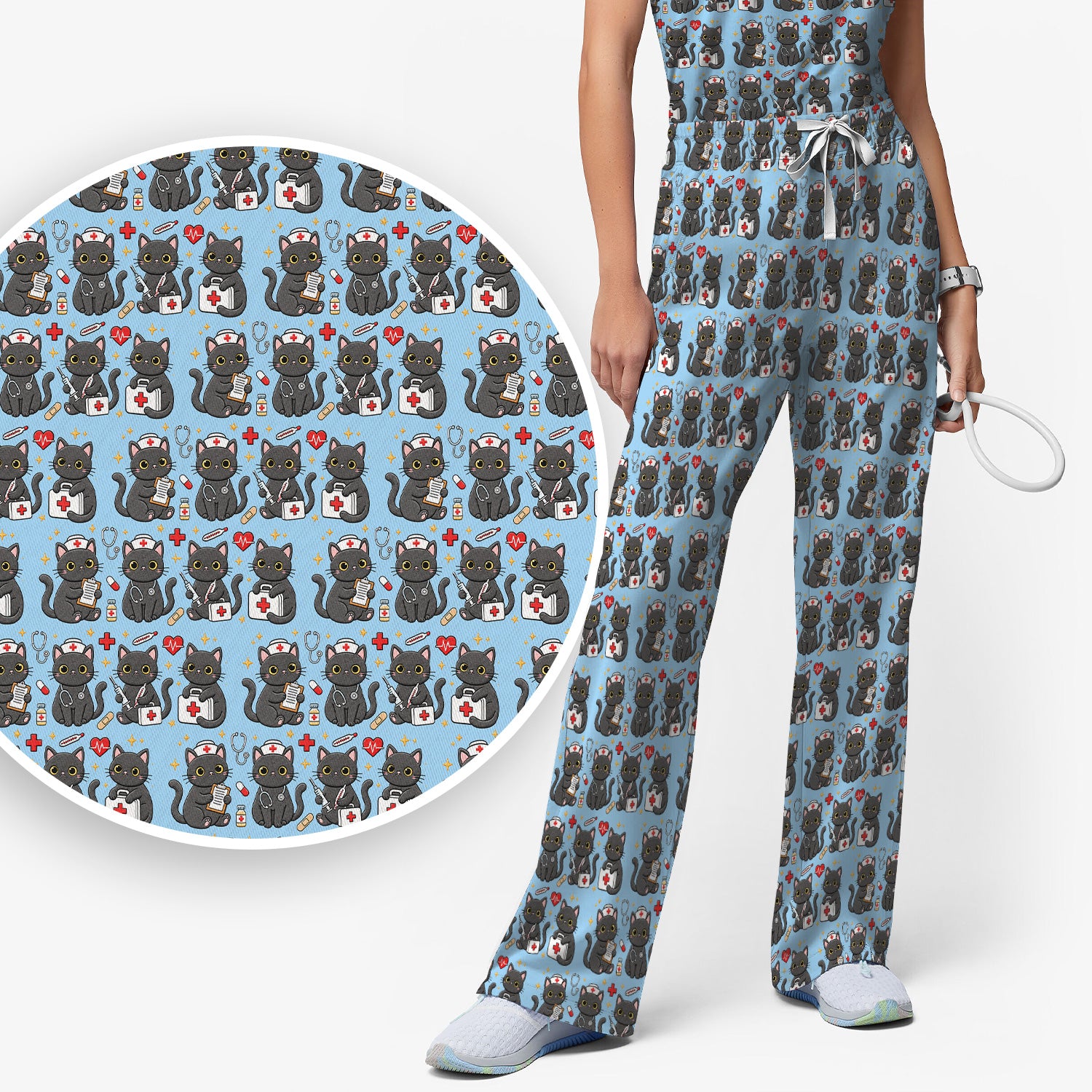 Black Cat Nurse Medical Icons Scrub Set, Scrub Pants and V Neck Top