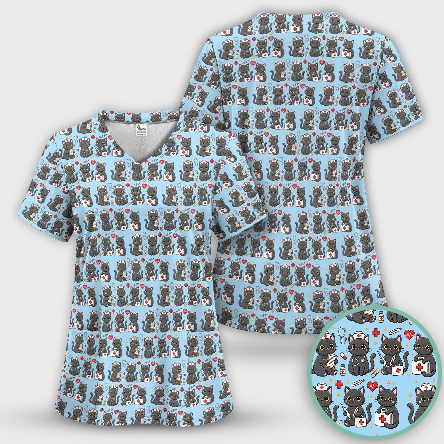 Black Cat Nurse Medical Icons Scrub Set, Scrub Pants and V Neck Top