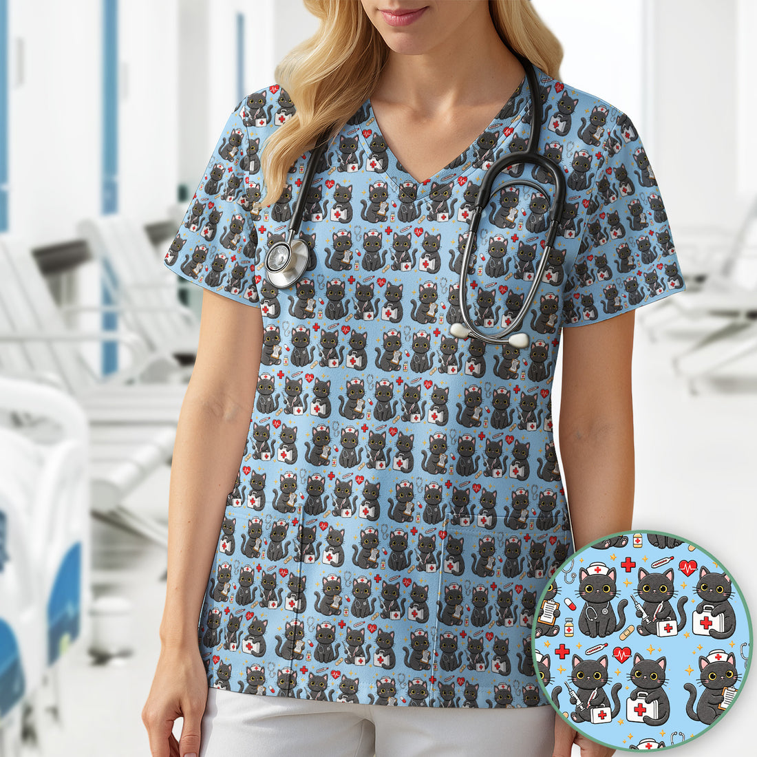 Black Cat Nurse Medical Icons Scrub Top, Comfortable Scrubs for Nurses